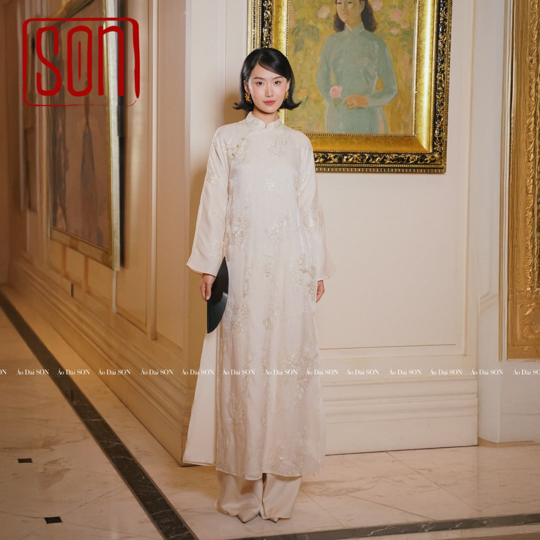 "White Tuyet Son Ao Dai set with floral embroidery, silk jacquard, traditional Vietnamese dress by SON."
