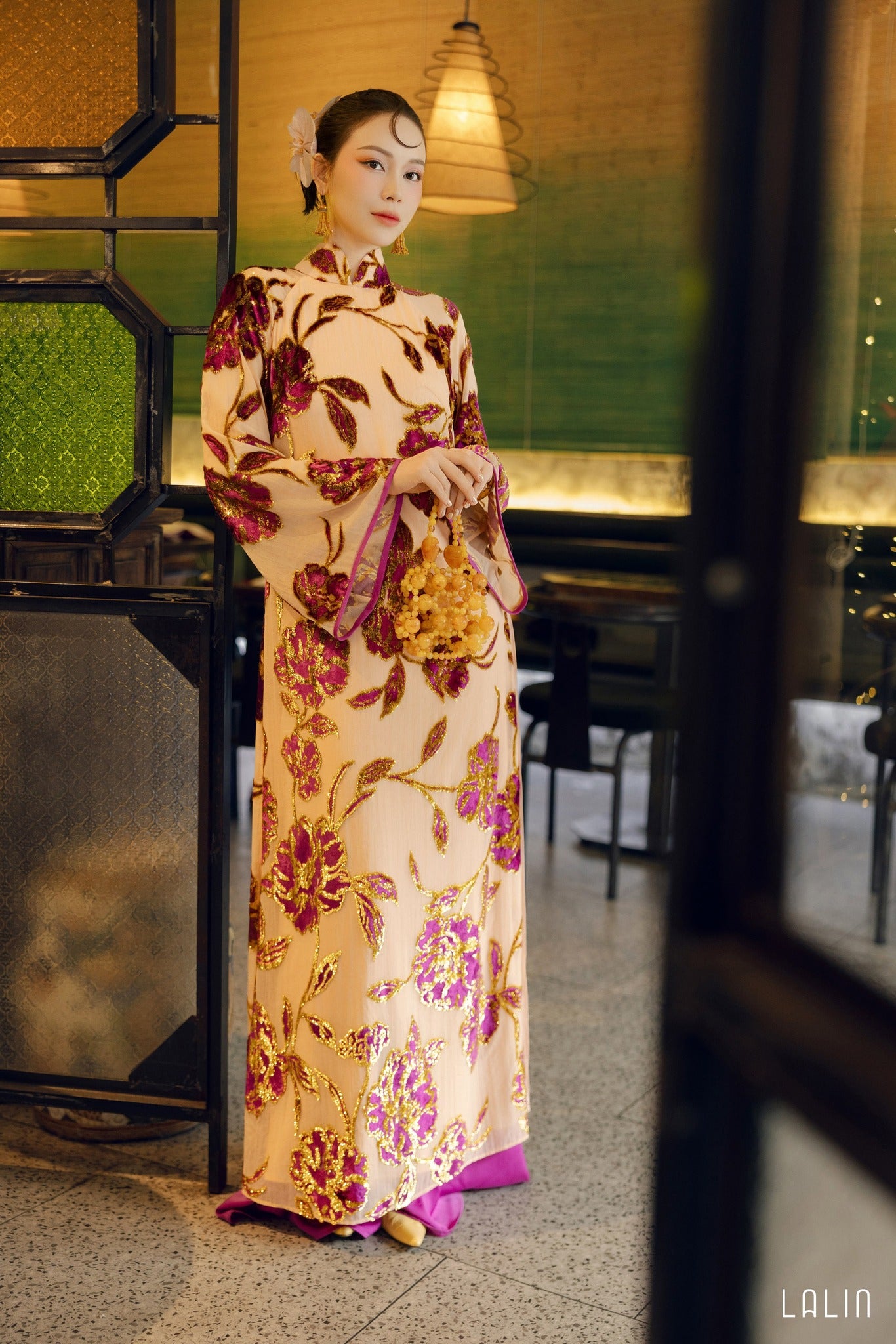 "Huỳnh Chi Ao Dai Set in violet with floral sequin embroidery, traditional Vietnamese dress by Lalin."