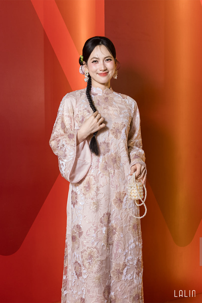 "Kim Sa Ao dai Set by Lalin in soft blush sequinced satin, floral silk, traditional Vietnamese dress"