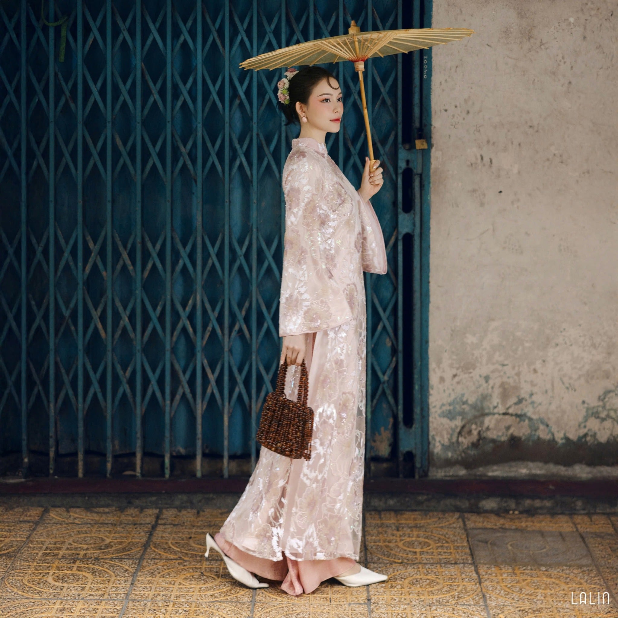 "Kim Sa Ao dai Set - Sequined Satin in Soft Blush, traditional Vietnamese dress by Lalin"
