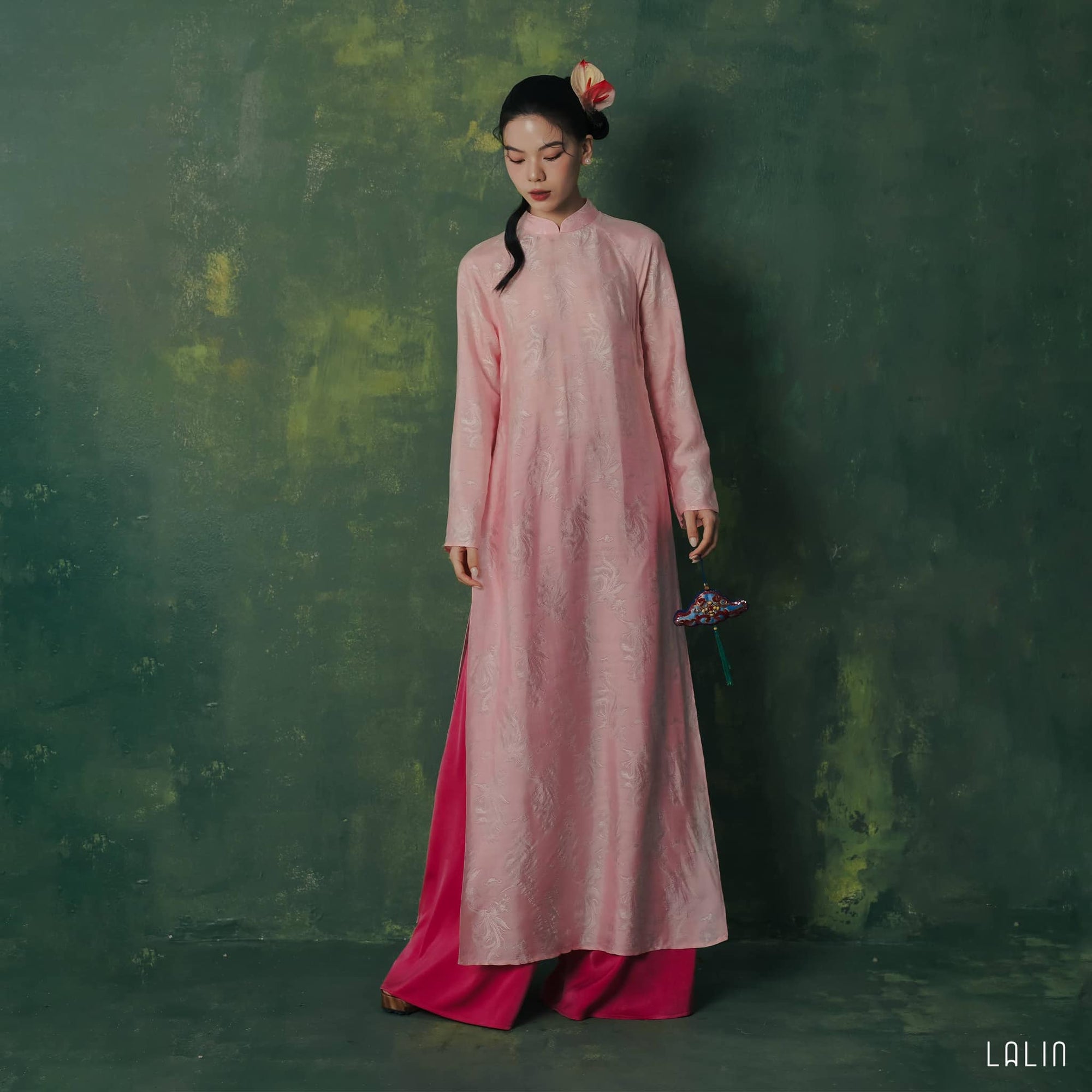 "Phan Loan Ao Dai set in light pink premium silk by Lalin, traditional Vietnamese dress"