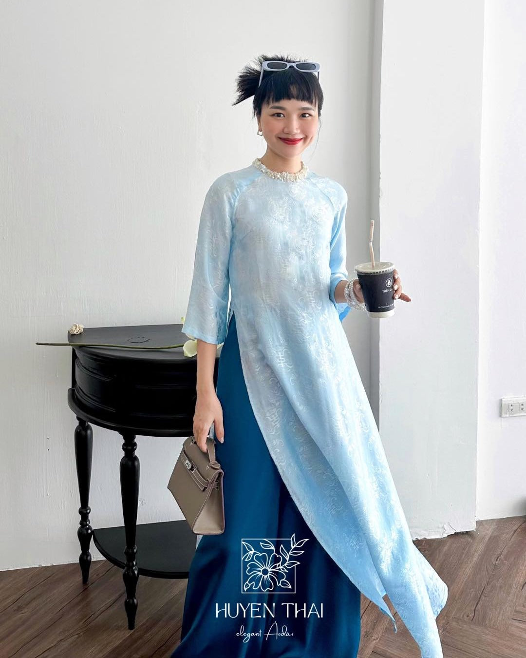 "Lam Ngoc" - Wormsilk Modern Ao Dai Set with Sequined Neck