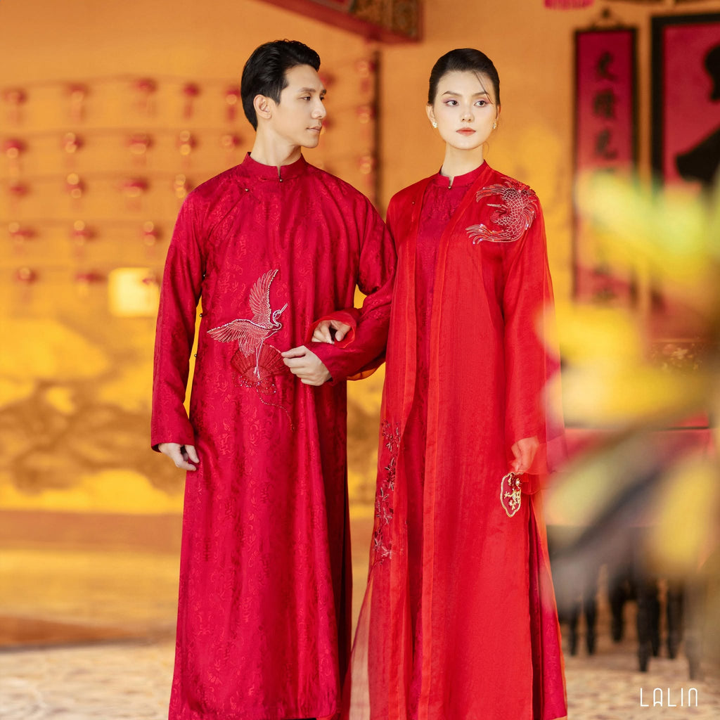 “Phụng Minh” – Men’s Silk Áo Dài in Ceremonial Red