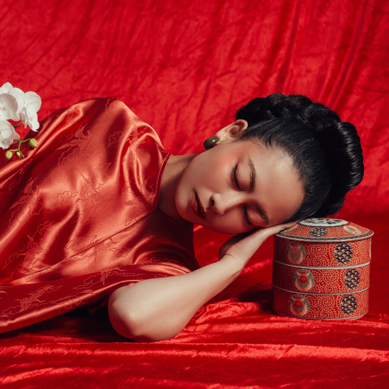 Yen Van - Limited Edition Worksilk Dress in Blooming Orange - styled presentation by Nam Phuong Y