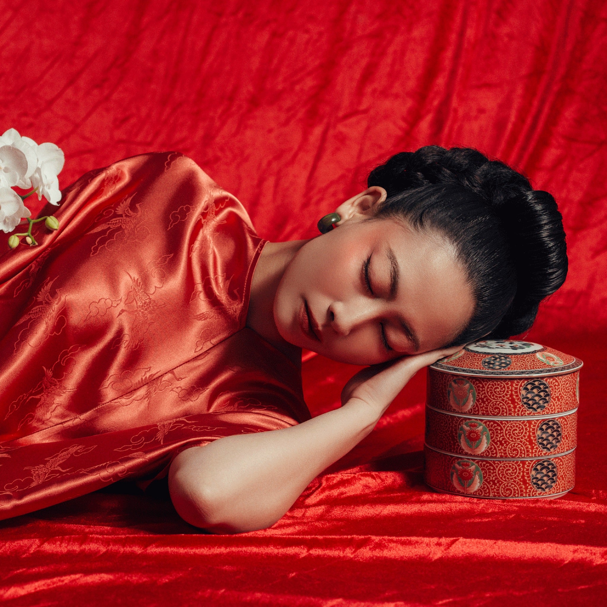 "Yen Van" Limited Edition Worksilk Dress in Blooming Orange, traditional Vietnamese silk jacquard with floral pattern.