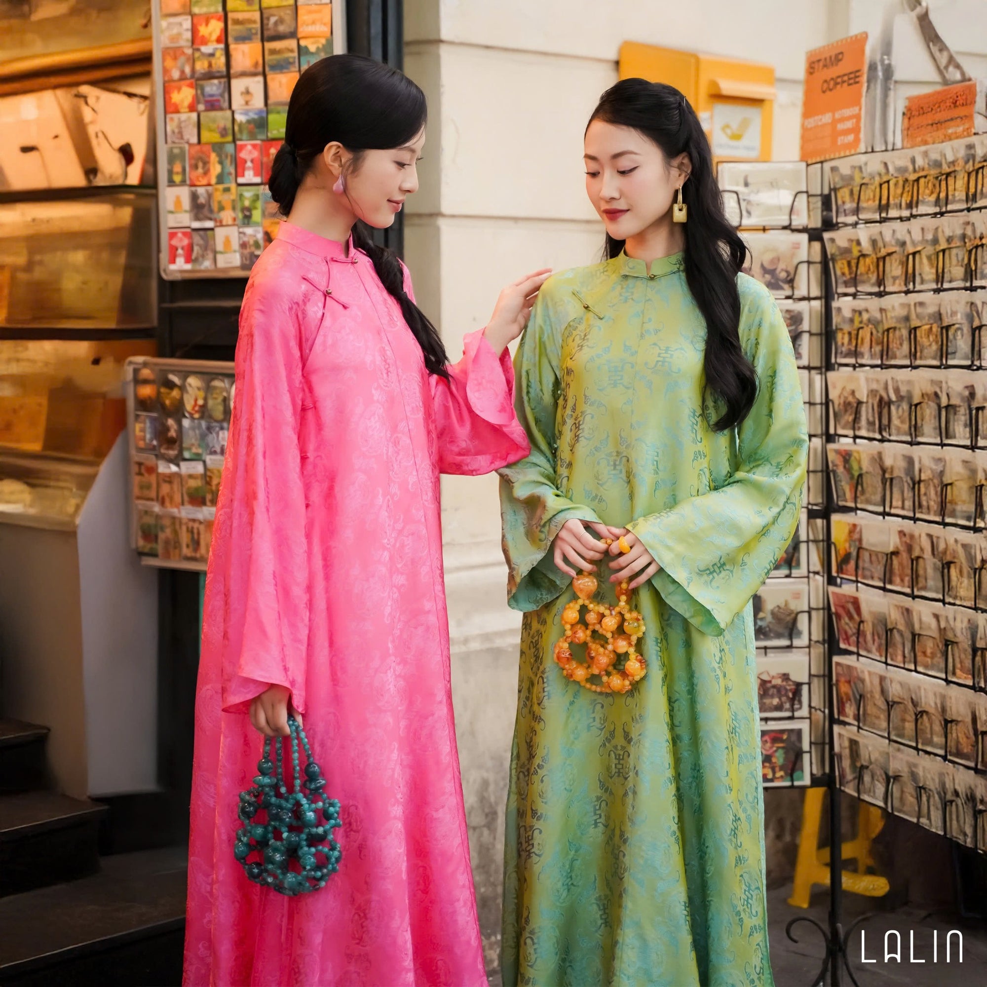 "Diep Thanh Ao Dai set in red and green silk, traditional Vietnamese dress by Lalin."