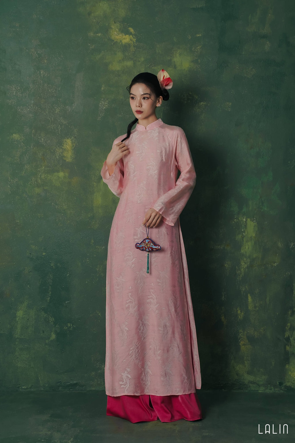 "Phan Loan Ao Dai set by Lalin in light pink silk, traditional Vietnamese dress"