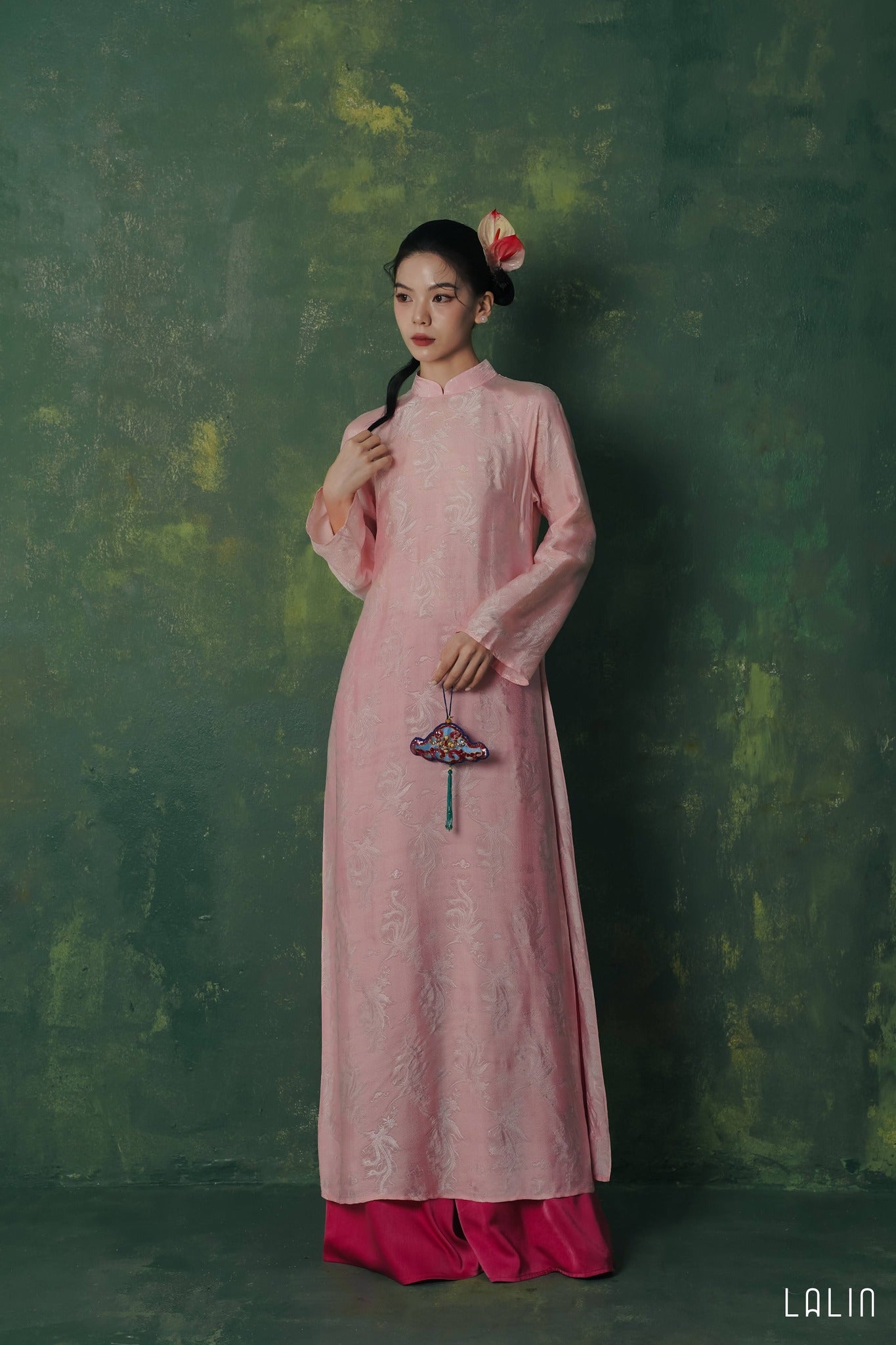 "Phan Loan Ao Dai set by Lalin in light pink silk, traditional Vietnamese dress"