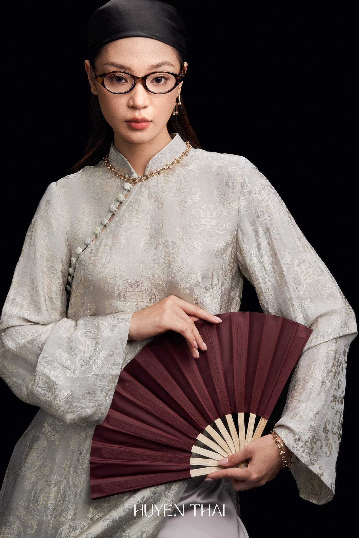 Vietnamese Ao Dai - “Bạch Ngọc” - Wormsilk Ao Dai Set in Ivory Grey - front view in brocade in silver by Huyen Collection