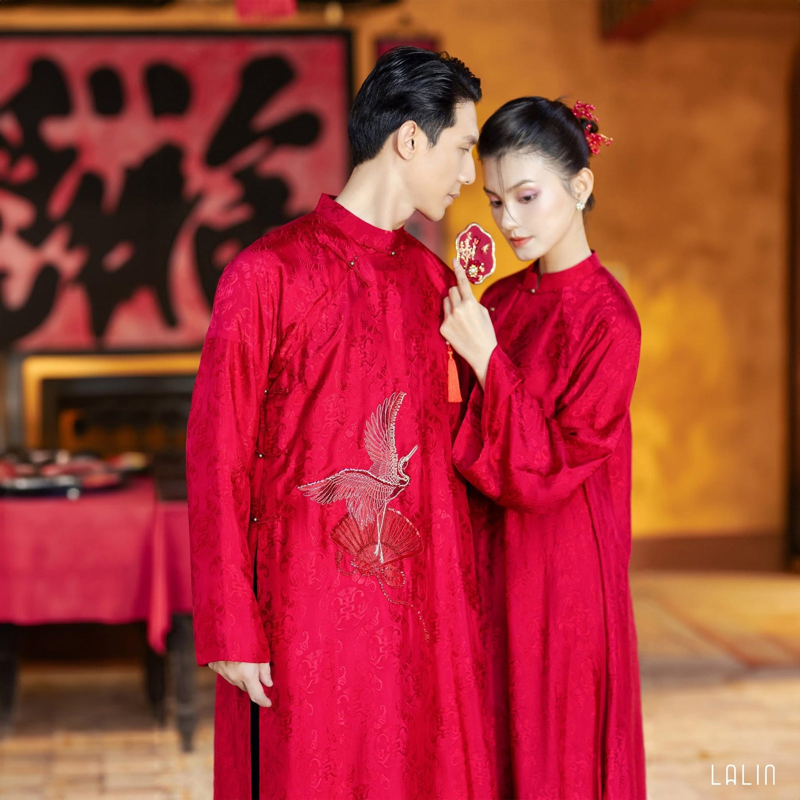 “Phụng Minh” – Men’s Silk Áo Dài in Ceremonial Red