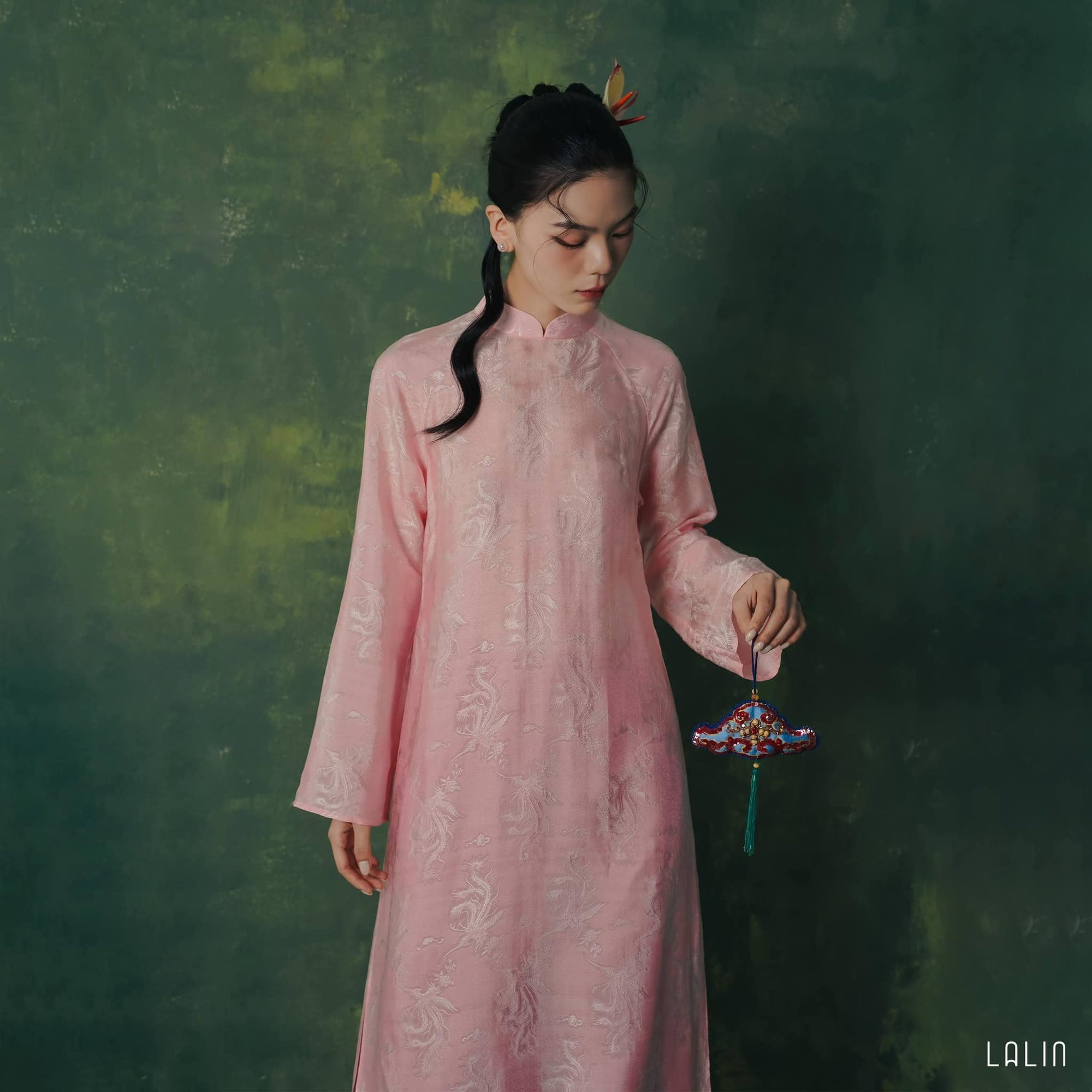 "Phan Loan Ao Dai set in light pink silk, traditional Vietnamese dress by Lalin"