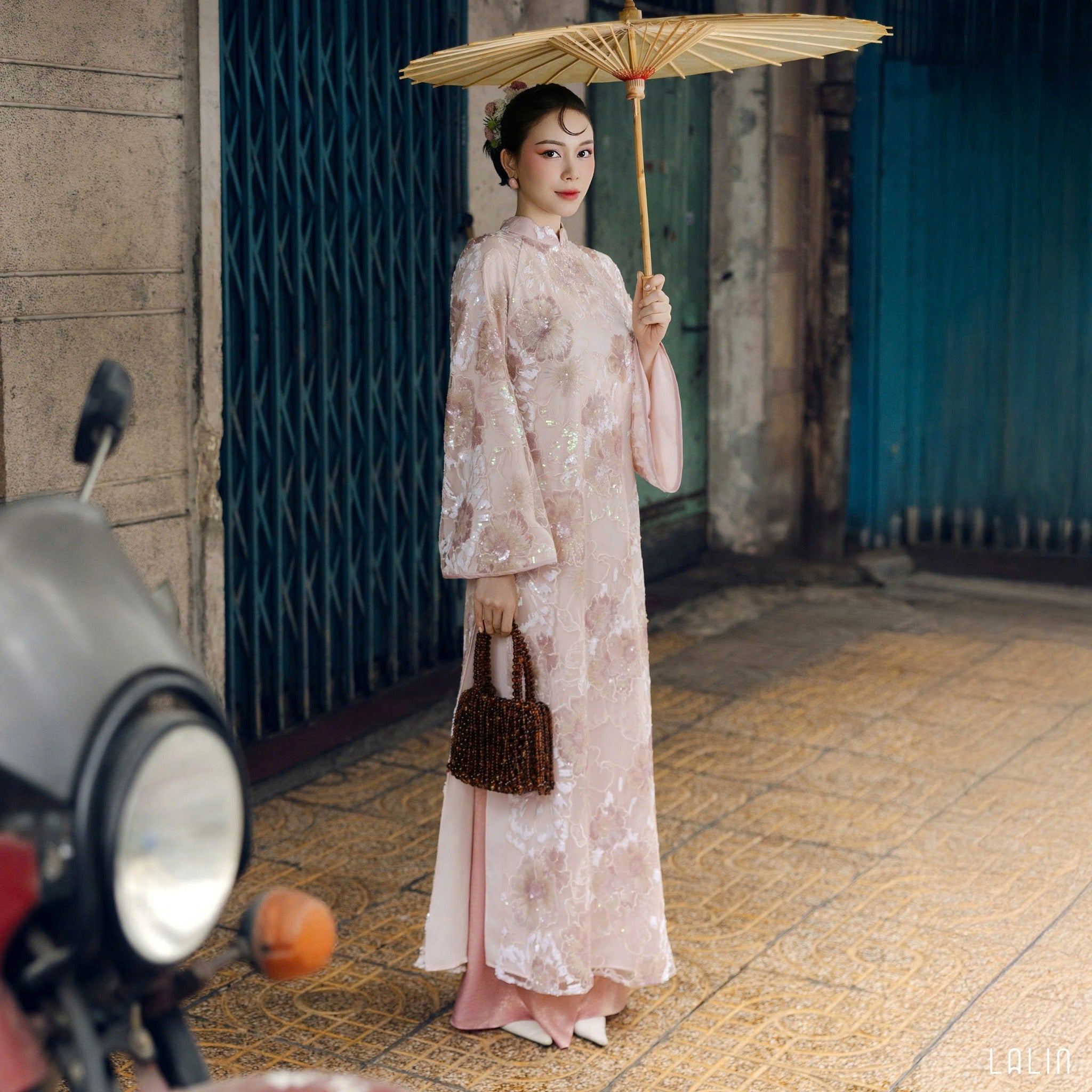 "Kim Sa Ao dai Set in soft blush sequinced satin, traditional Vietnamese dress by Lalin"