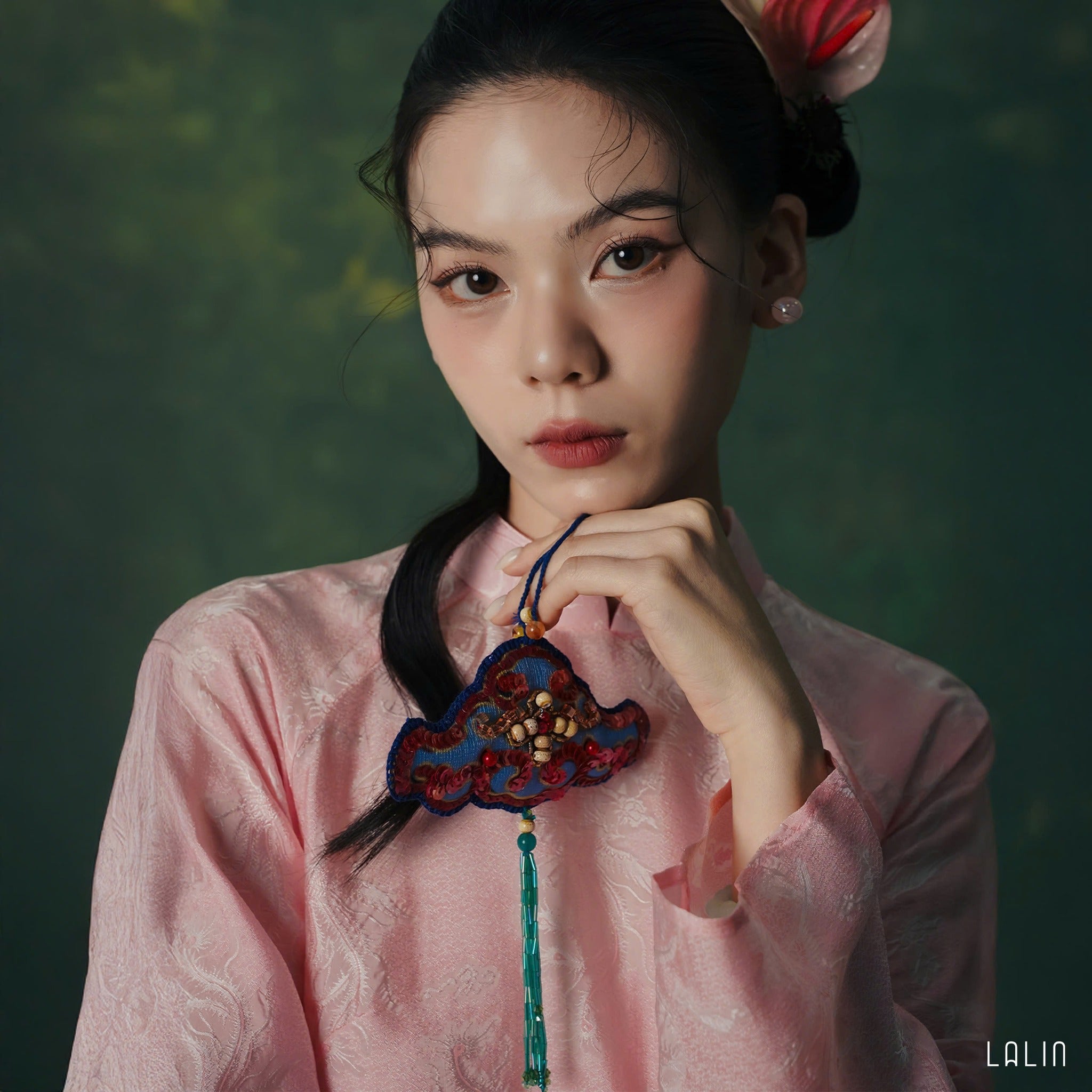 Vietnamese Embroidery - Phan Loan Ao Dai set - Premium wormsilk in Light PInk - front view in pink by Lalin