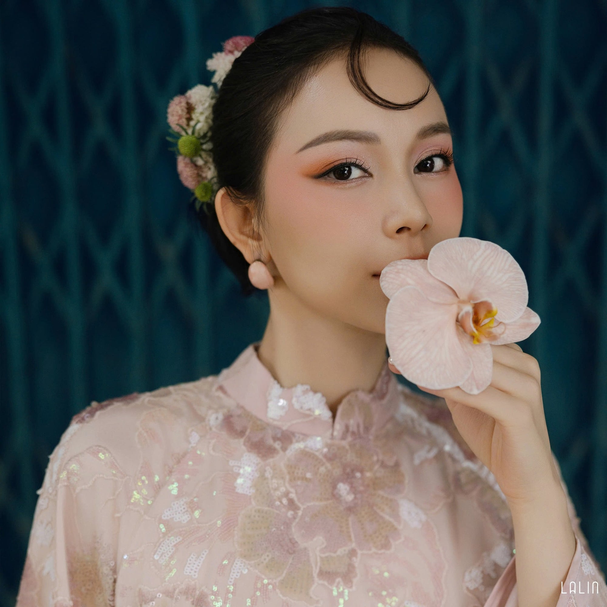 "Kim Sa Ao dai Set - Sequinced Satin in Soft Blush, traditional Vietnamese dress with floral silk pattern by Lalin."