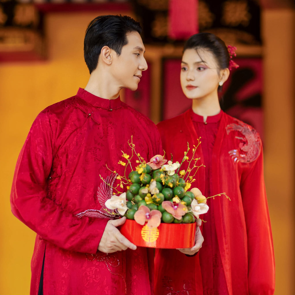 “Phụng Minh” – Men’s Silk Áo Dài in Ceremonial Red