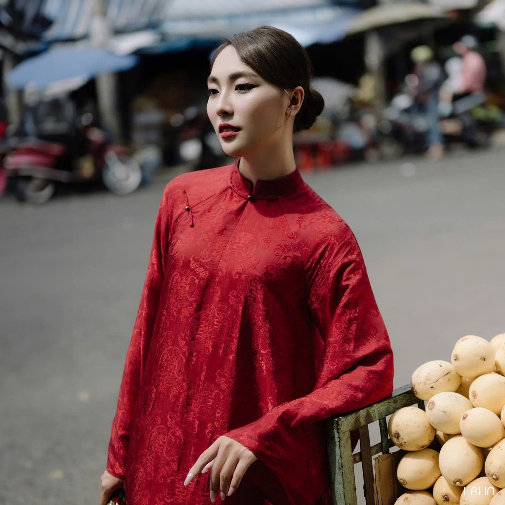 "Hy Loan Ao Dai set in crimson silk, traditional Vietnamese dress by Lalin, cultural heritage design"