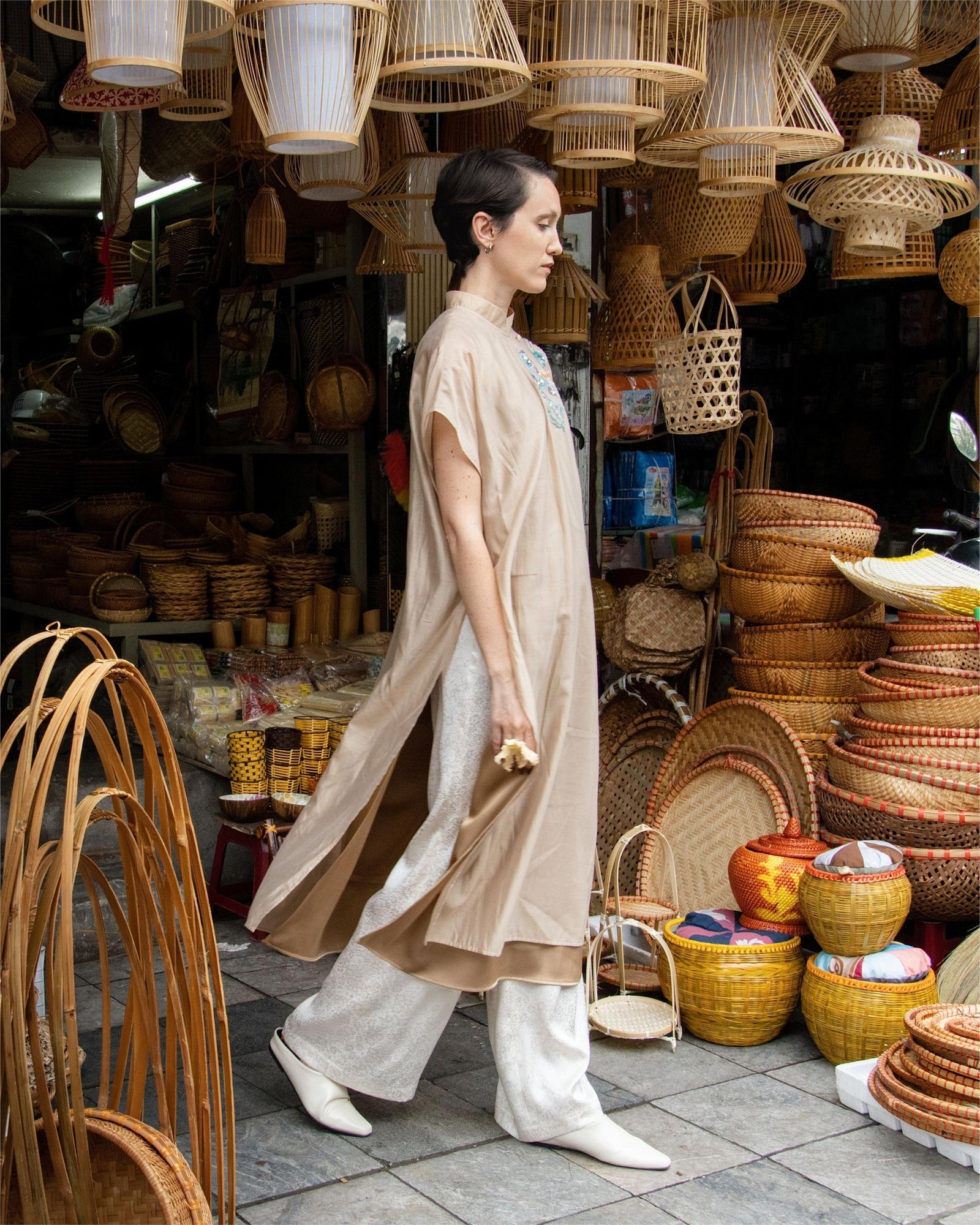 Vietnamese Ao Dai - Minh Hy - Wide-leg Jacquard Silk Pants - side profile in beige by Hy Phuong