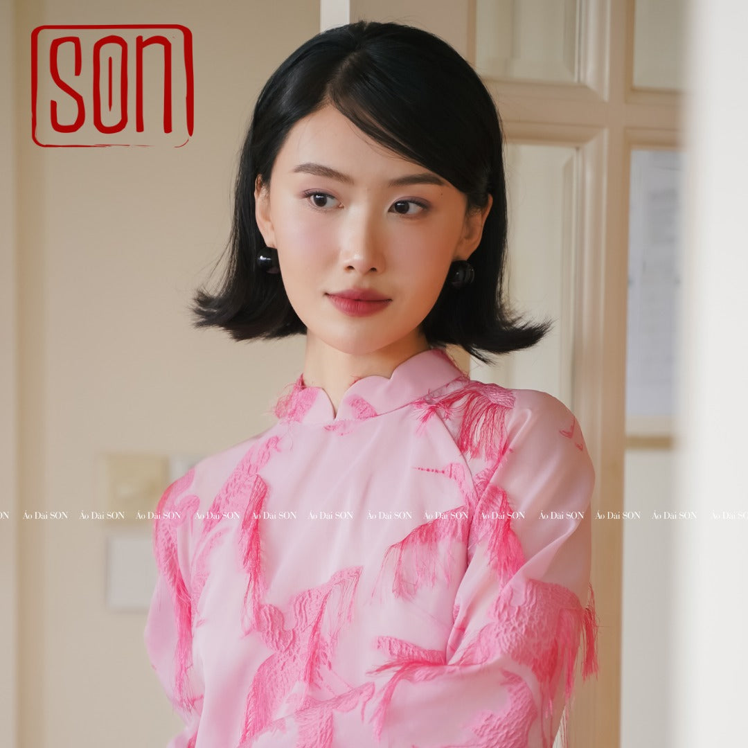 "Hac Son" pink embroidered organza Ao dai, traditional Vietnamese dress by SON.