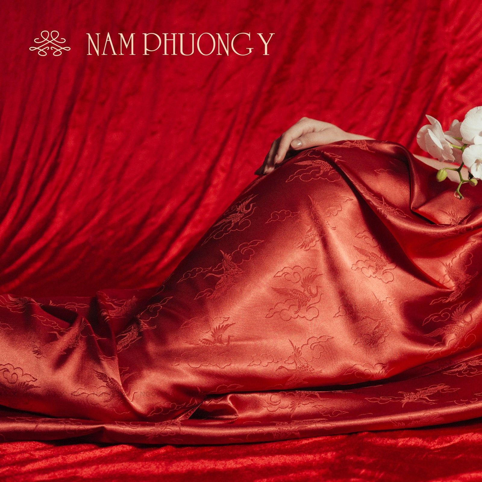 Traditional Motif - Yen Van - Limited Edition Worksilk Dress in Blooming Orange - detail close-up in red by Nam Phuong Y