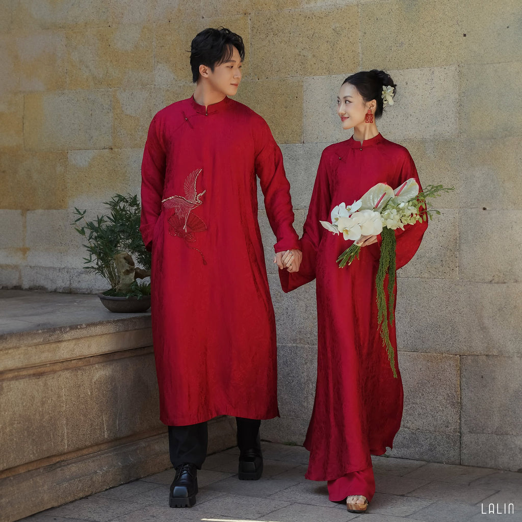 “Phụng Minh” – Men’s Silk Áo Dài in Ceremonial Red