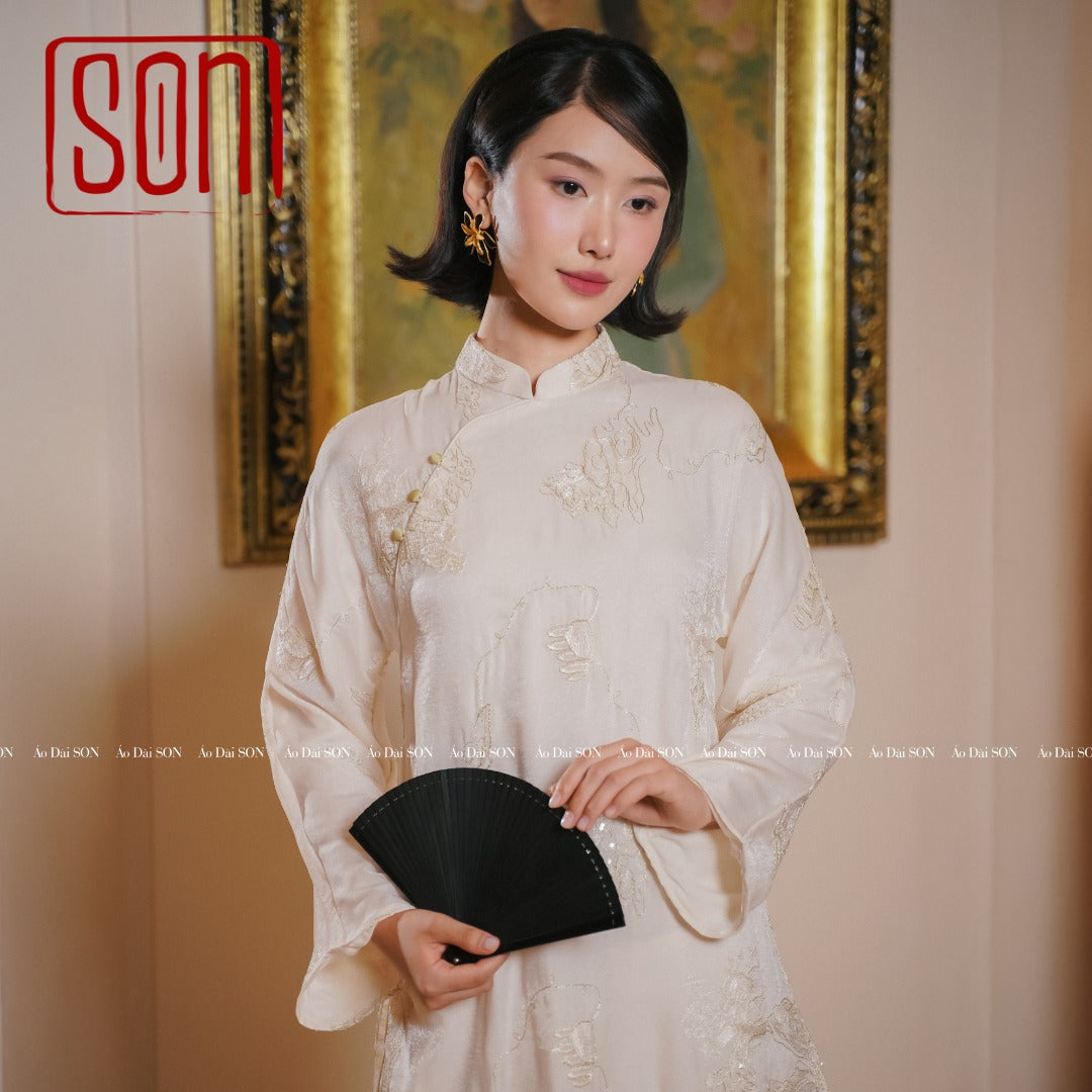 "White Tuyet Son Ao Dai set with floral embroidery, silk jacquard, traditional Vietnamese dress"