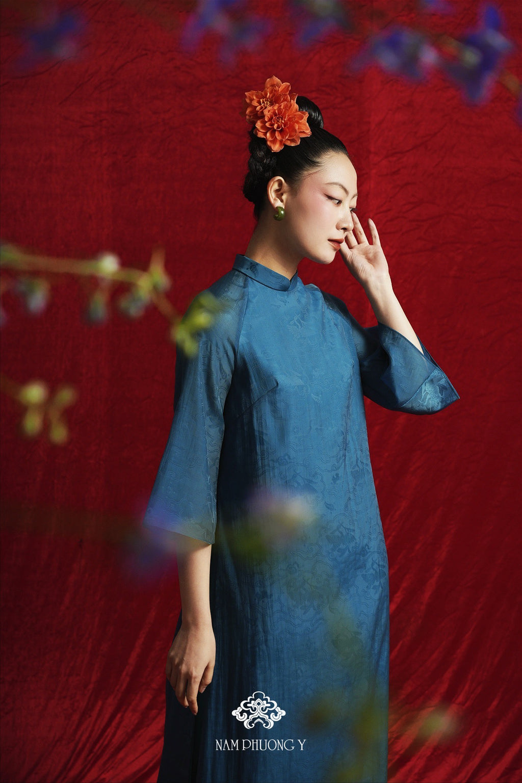 "Ho Phach Royal Jacquard Silk Ao Dai Set in Deep Teal, traditional Vietnamese dress by Nam Phuong Y."