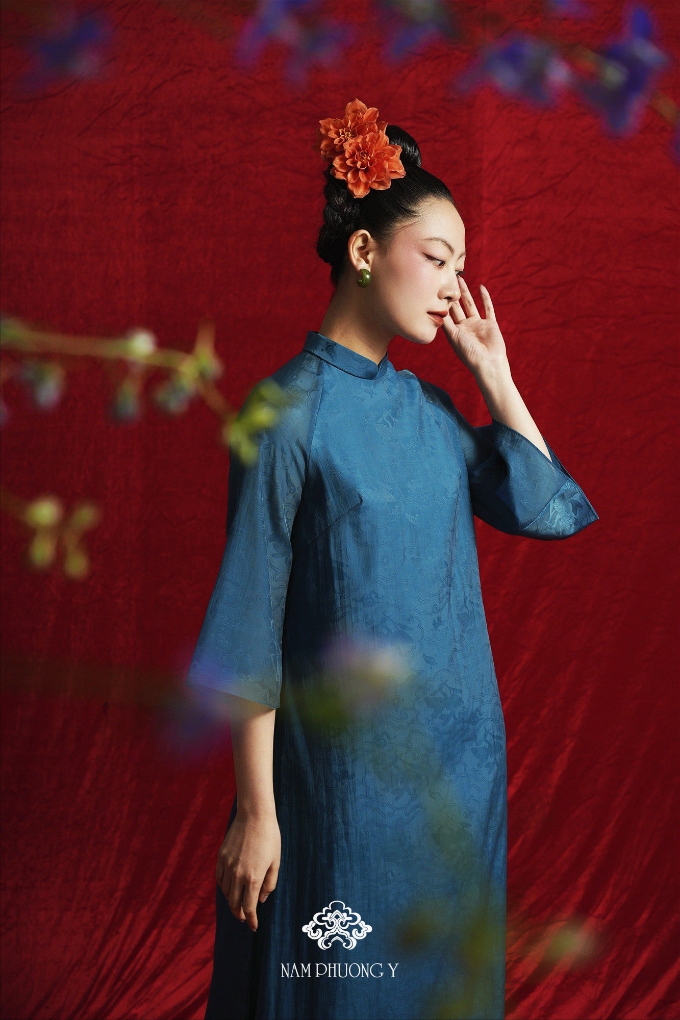 Vietnamese Ao Dai - Ho Phach - Royal Jacquard Silk Áo Dài Set in Deep Teal - side profile in blue by Nam Phuong Y