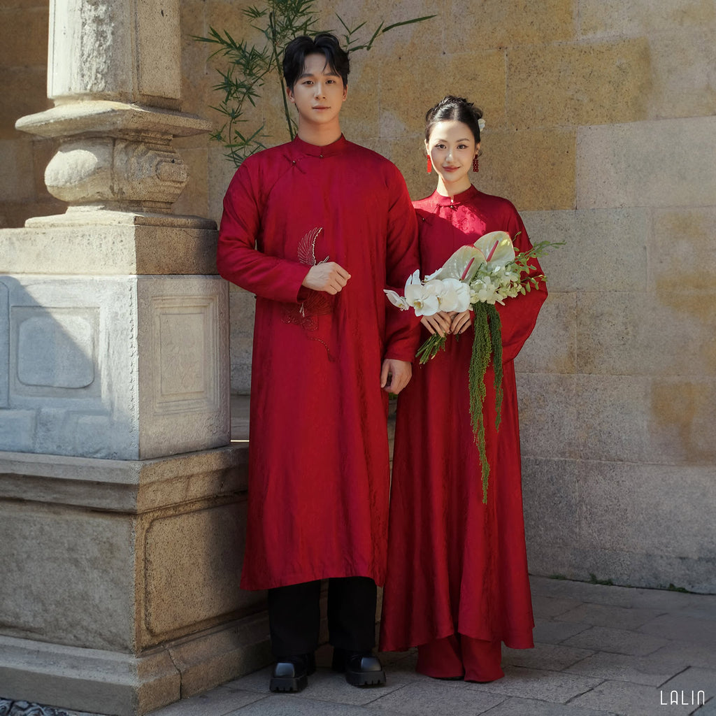 “Phụng Minh” – Men’s Silk Áo Dài in Ceremonial Red