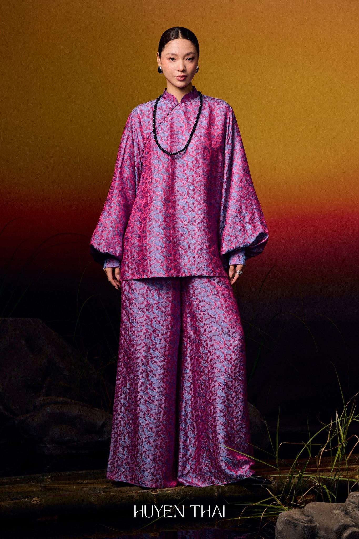 KY Ao-Ngan (Short version of Ao-dai) with Balloon Sleeve - Wormsilk in Violet Pink - front view by Huyen Thai Collection