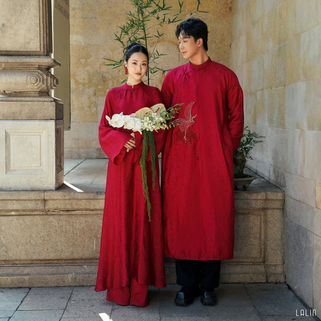 “Phụng Minh” – Men’s Silk Áo Dài in Ceremonial Red