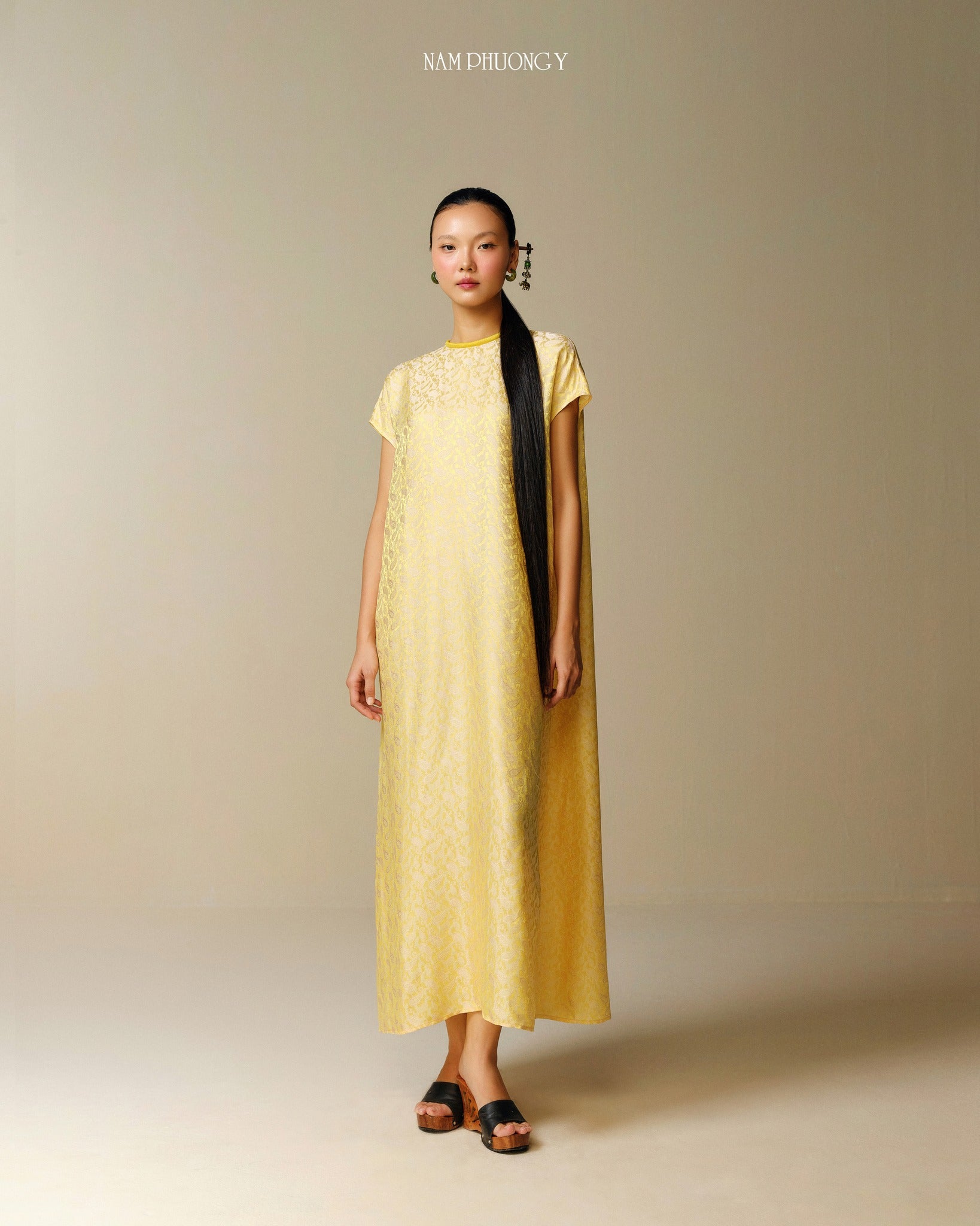 "Hoang Cuc - Premium Worksilk Dress in Blooming Yellow, traditional Vietnamese silk jacquard with floral pattern by Nam Phuong Y."