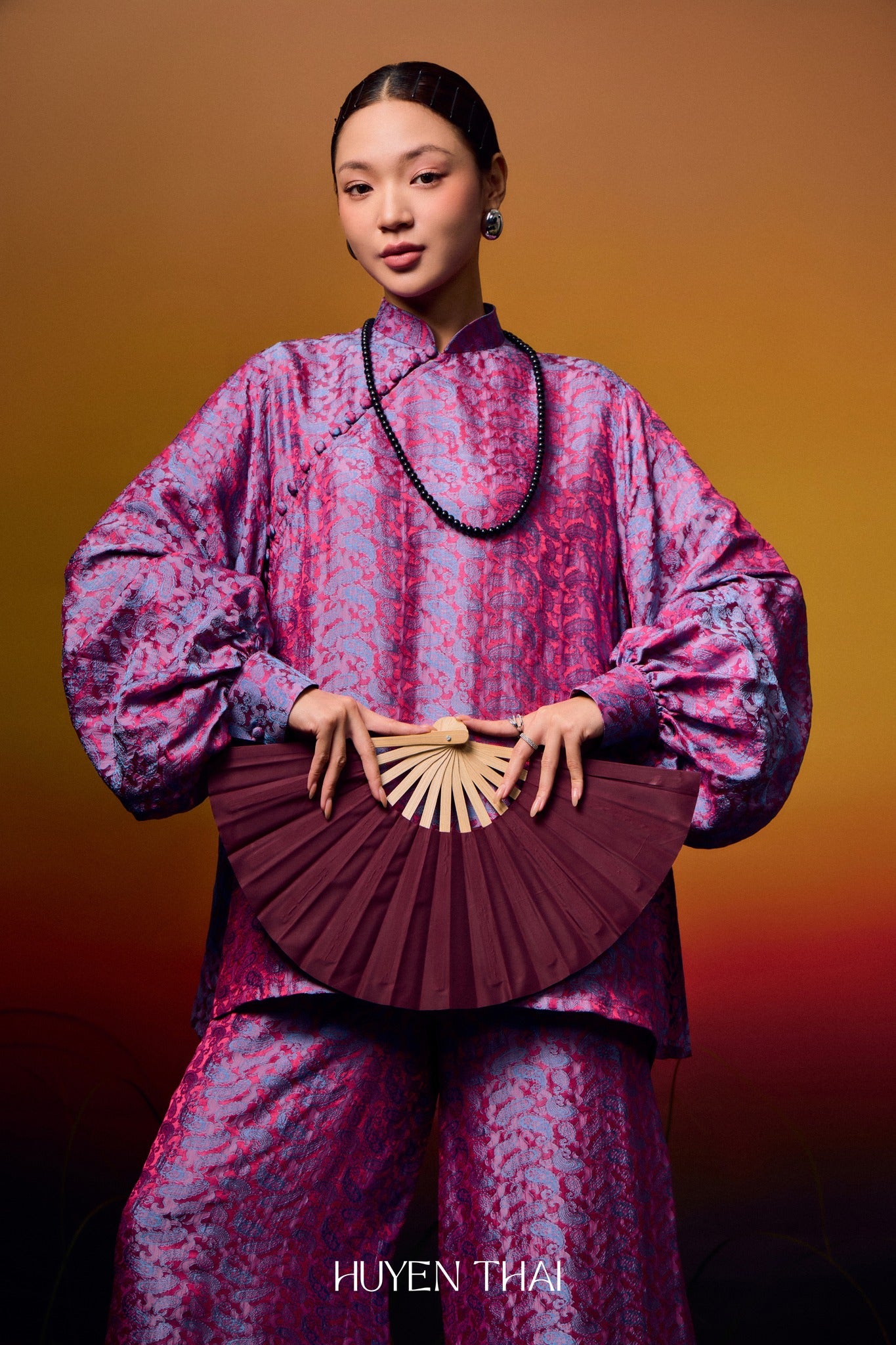 KY Ao-Ngan (Short version of Ao-dai) with Balloon Sleeve - Wormsilk in Violet Pink - front view by Huyen Thai Collection