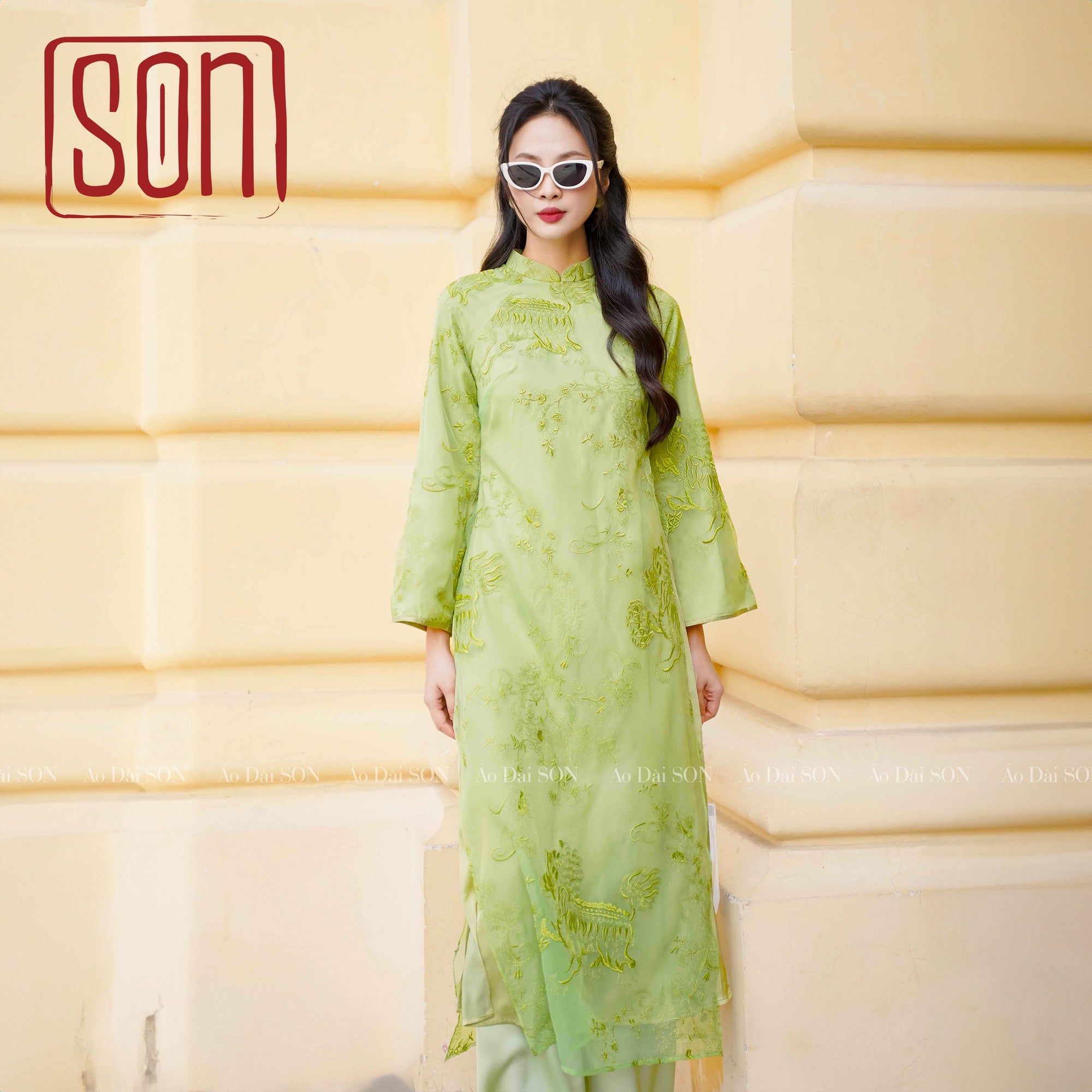 "Yen Son Ao Dai set in avocado green silk with traditional embroidery, Vietnamese dress"