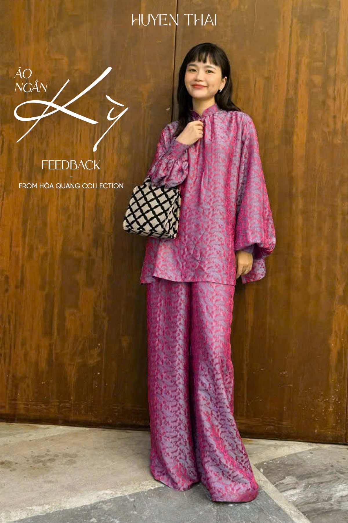 KY Ao-Ngan (Short version of Ao-dai) with Balloon Sleeve - Wormsilk in Violet Pink - front view by Huyen Thai Collection