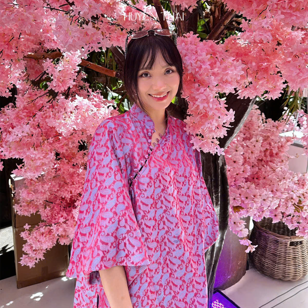 KY Ao-Ngan (Short version of Ao-dai) with Balloon Sleeve - Wormsilk in Violet Pink - front view by Huyen Thai Collection