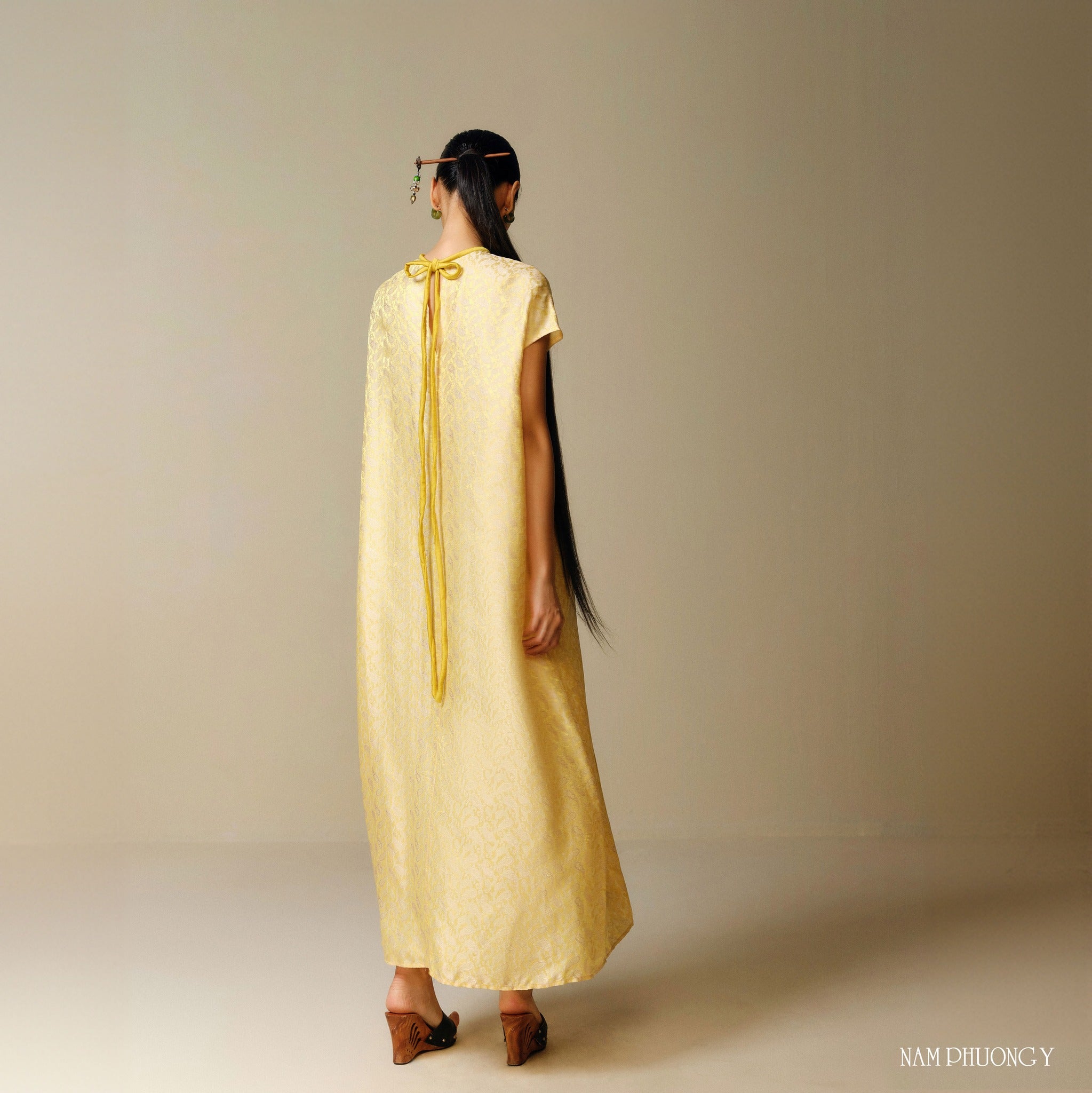"Hoang Cuc" Premium Worksilk Dress in Blooming Yellow, traditional Vietnamese design with floral jacquard pattern.