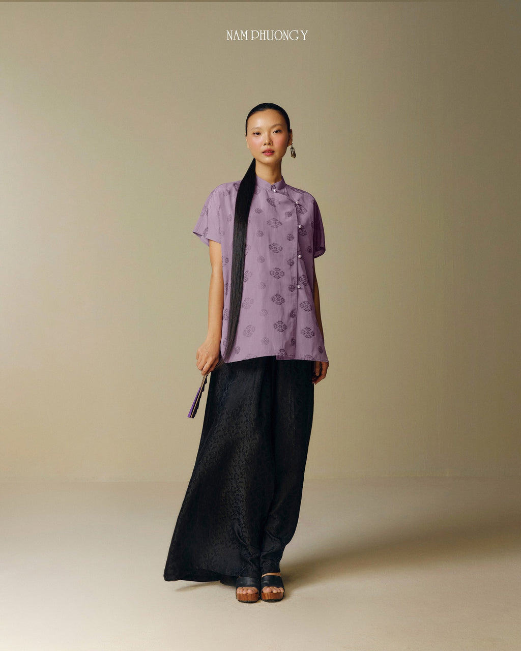"Tu La - Premium Wormsilk Dress in Imperial Lilac by Nam Phuong Y, modern jacquard pattern, Vietnamese design"