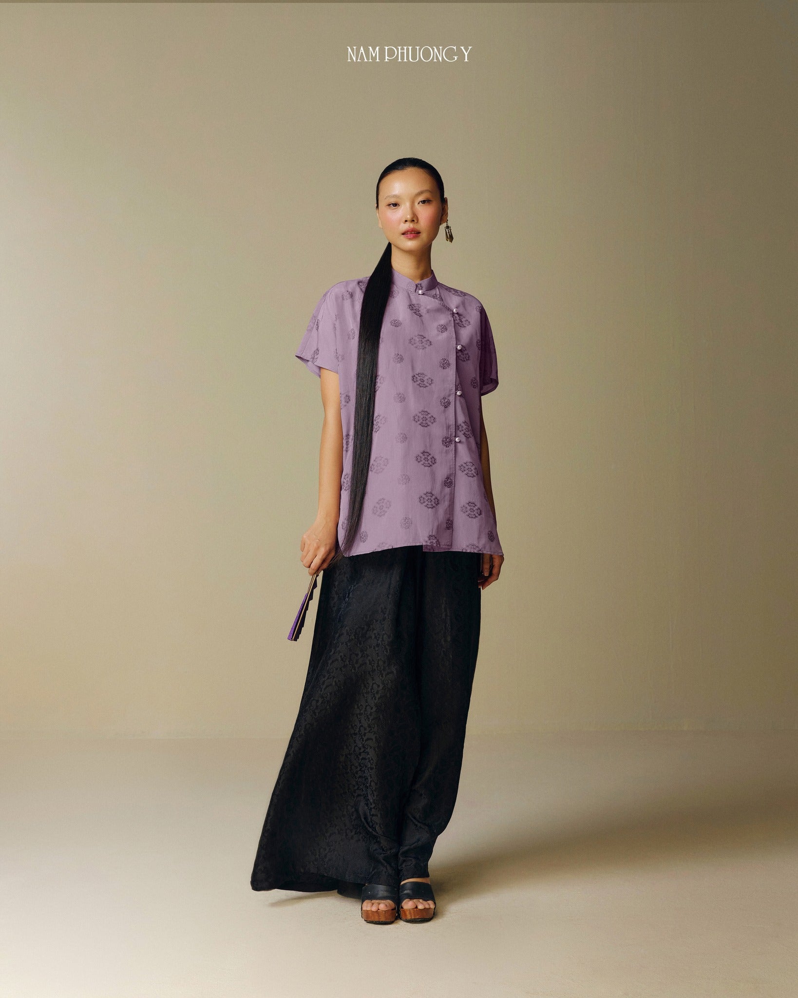 "Tu La - Premium Wormsilk Dress in Imperial Lilac by Nam Phuong Y, modern jacquard pattern, Vietnamese design"
