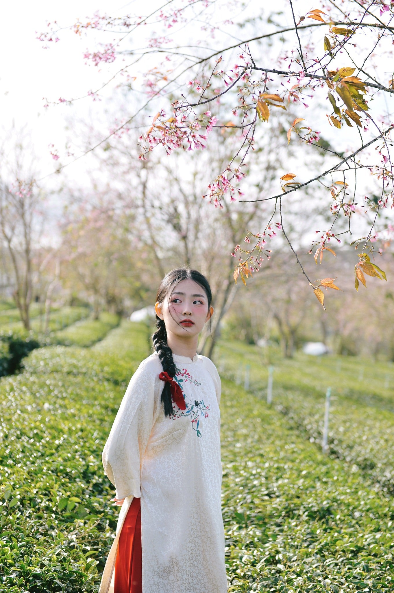 "Ho Diep" – Embroidered Áo Dài Set in Cream