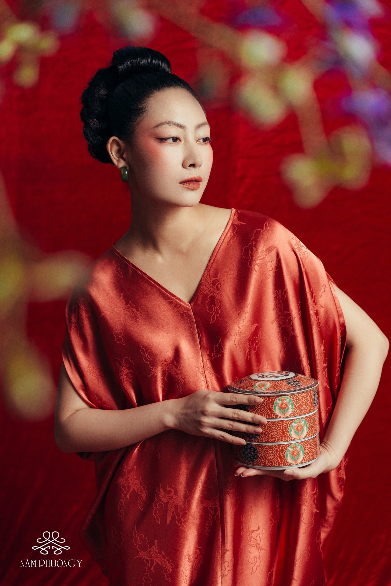 Vietnamese Ao Dai - Yen Van - Limited Edition Worksilk Dress in Blooming Orange - front view in red by Nam Phuong Y