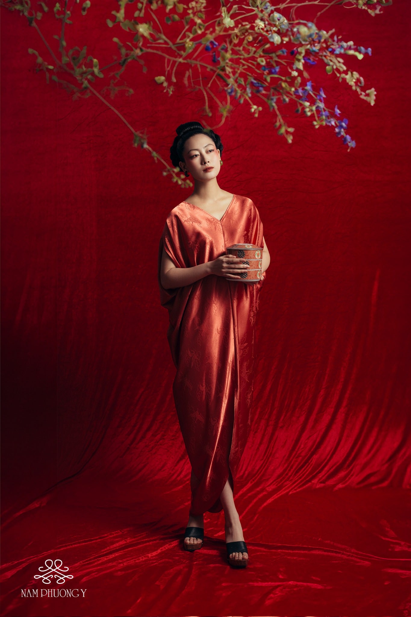 "Yen Van Limited Edition Worksilk Dress in Blooming Orange, traditional Vietnamese silk jacquard with floral pattern by Nam Phuong Y."