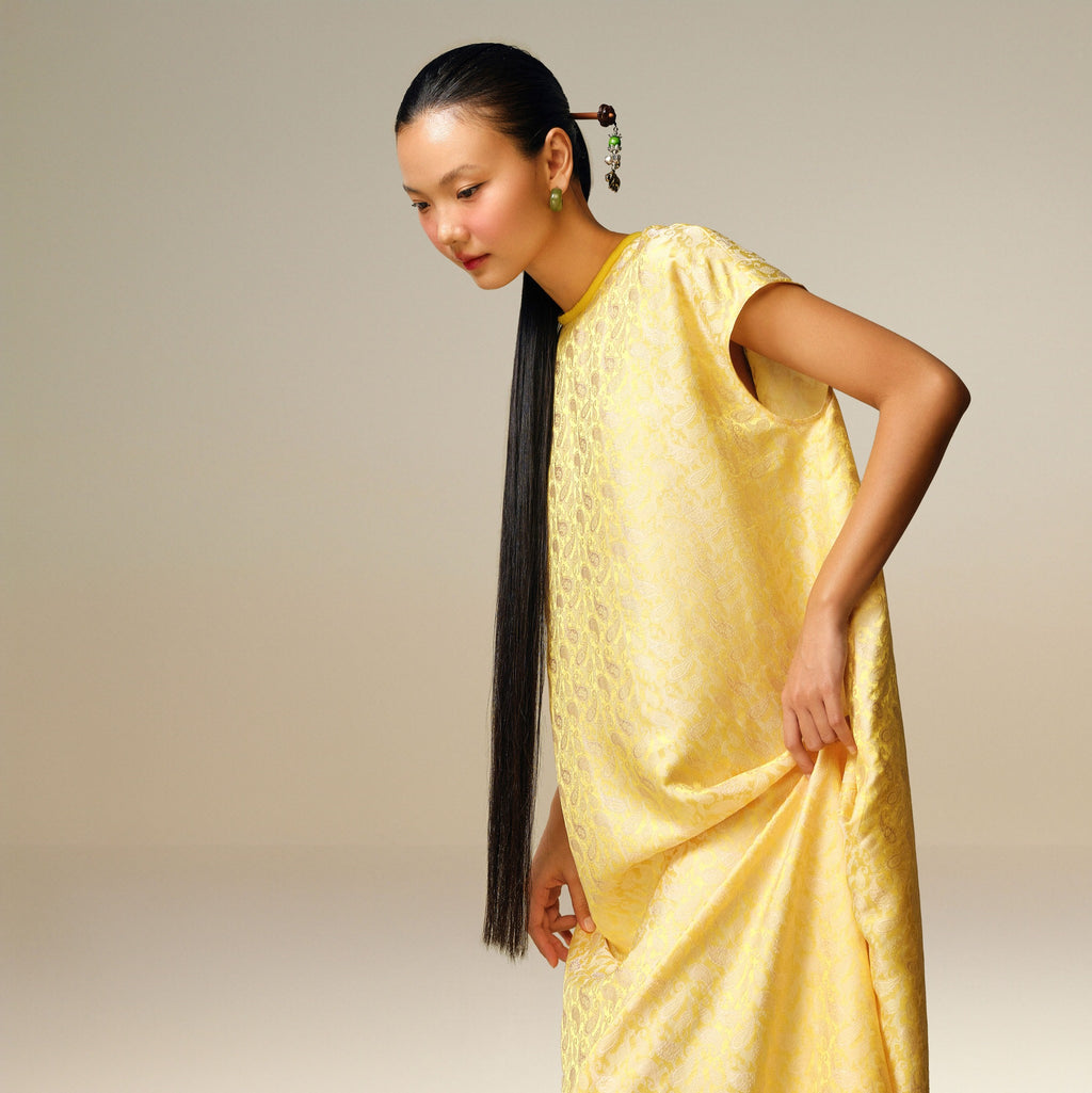 "Hoang Cuc" Premium Worksilk Dress in Blooming Yellow, Vietnamese traditional silk jacquard with floral pattern.