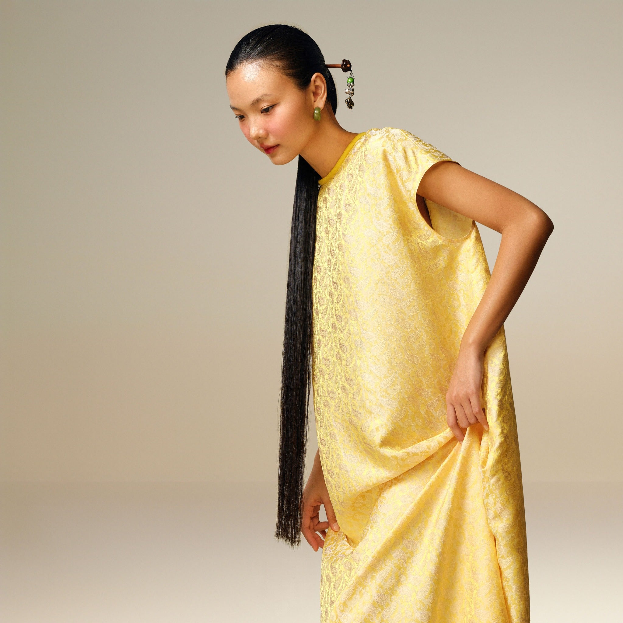 "Hoang Cuc" Premium Worksilk Dress in Blooming Yellow, Vietnamese traditional silk jacquard with floral pattern.