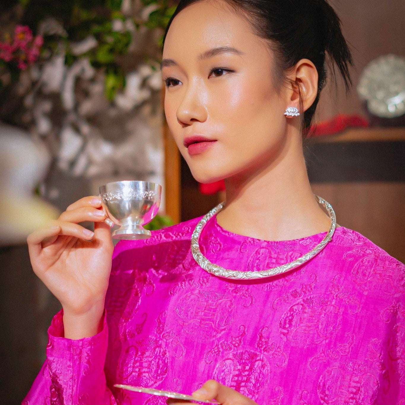 Bich Lien pure fine silver earrings with apricot blossom design - Vietnamese lotus symbol earrings for heritage wear