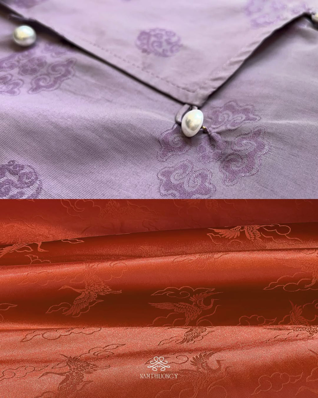 "Tu La - Premium Wormsilk Set in Imperial Lilac, Vietnamese dress with red silk jacquard, modern woven pattern by Nam Phuong Y"