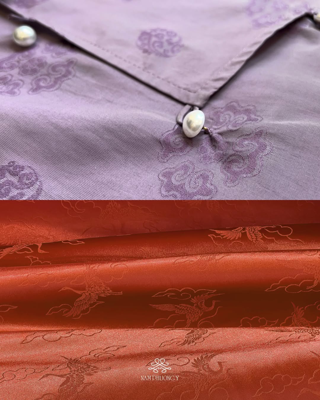 "Tu La - Premium Wormsilk Set in Imperial Lilac, Vietnamese dress with red silk jacquard, modern woven pattern by Nam Phuong Y"