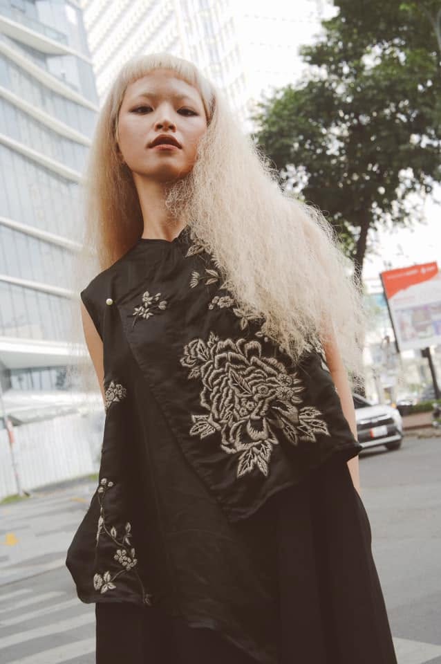 “Noir Botanica” Top – Hand-Embroidered Premium Silk