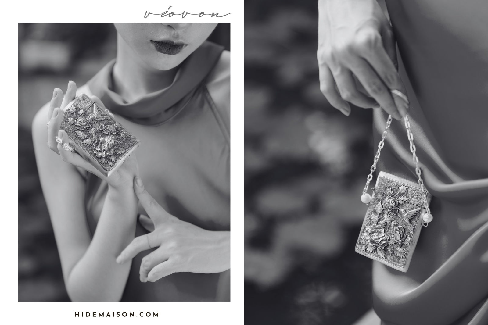 Vietnamese Silver - Bach Hoa mini clutch in Fine Silver - side profile in silver by HI de Maison