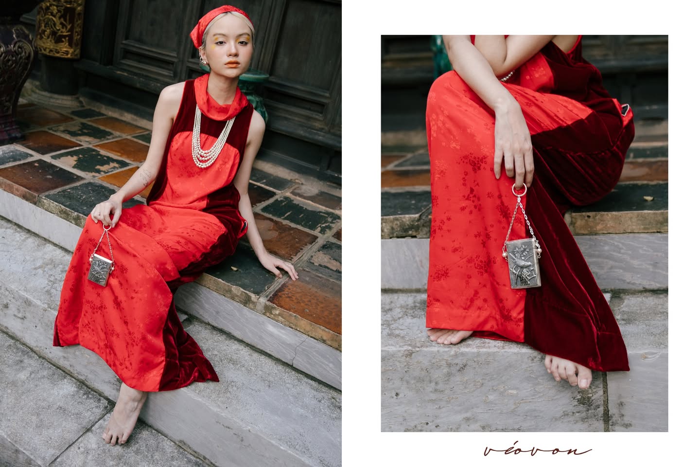 Lifestyle shot of Bach Hoa silver clutch styled for elegant evening wear - Hi De Maison handcrafted jewelry