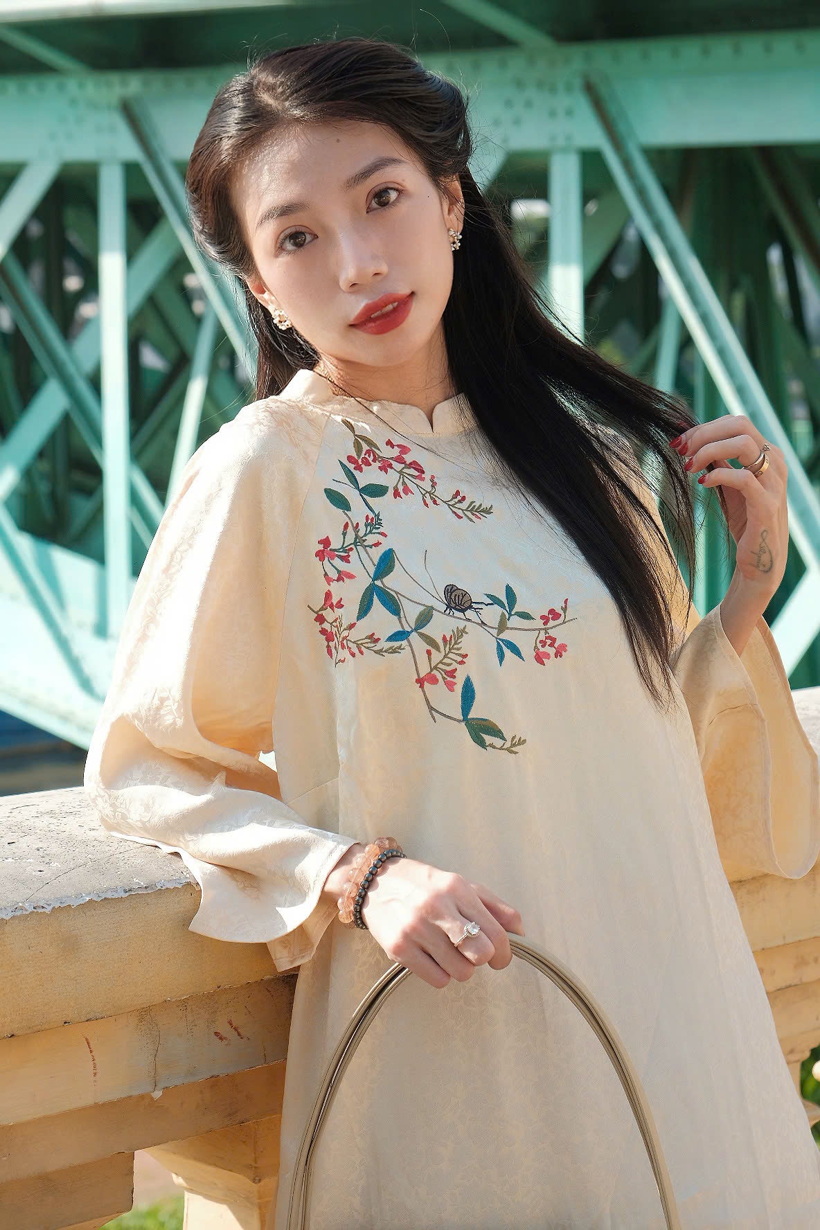 Vietnamese Embroidery - Ho Diep – Embroidered Áo Dài Set in Cream [Modern cut] - front view in silk in beige by Moc